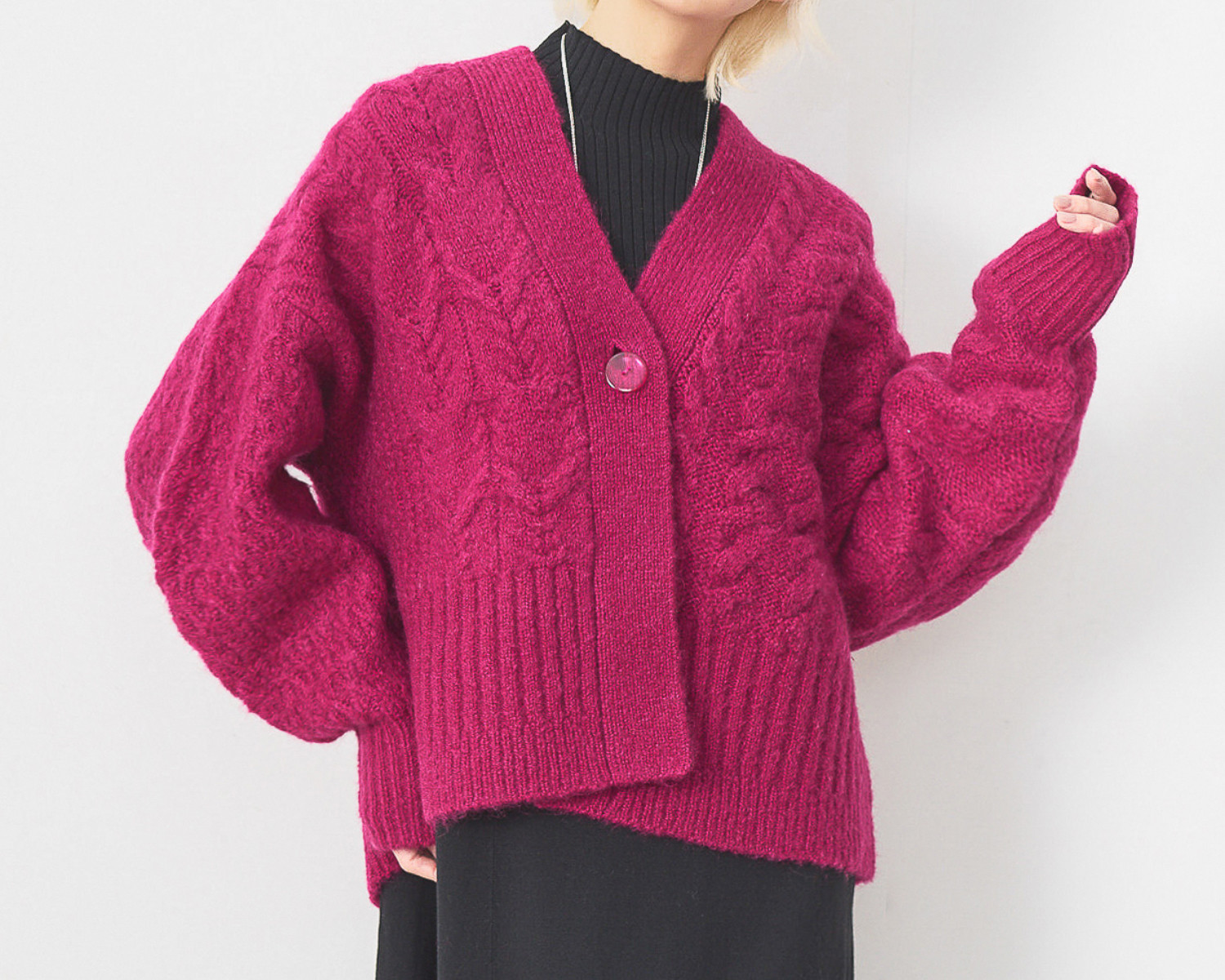 【心惹かれる6種の編地】モヘア混で超あたたか！大人のゆったりカーディガン - ベリーピンク