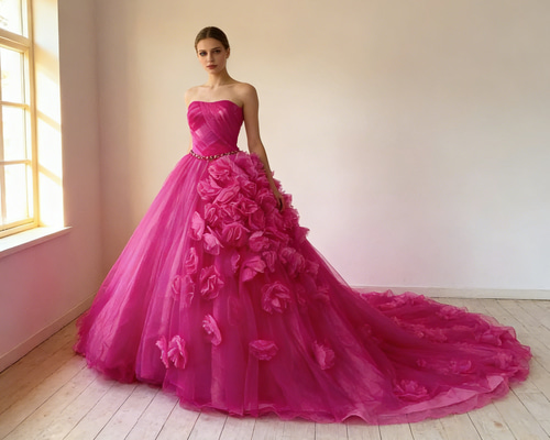 アロハナ　カーニバルドレス　ピンク 送料無料！カラードレス ピンク 花モチーフ チュールスカート ハンド