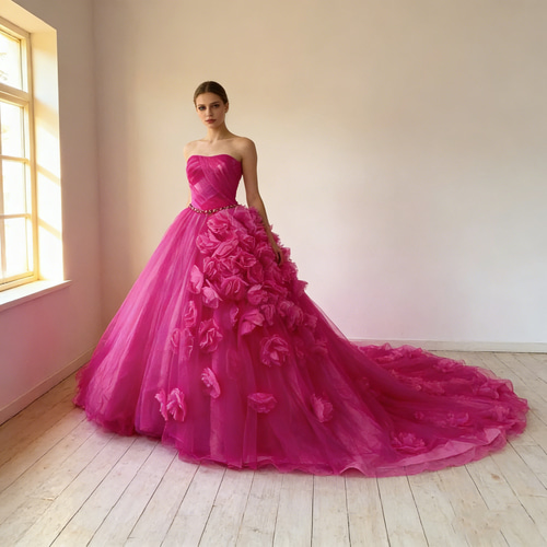 送料無料！カラードレス ピンク 花モチーフ チュールスカート ハンド