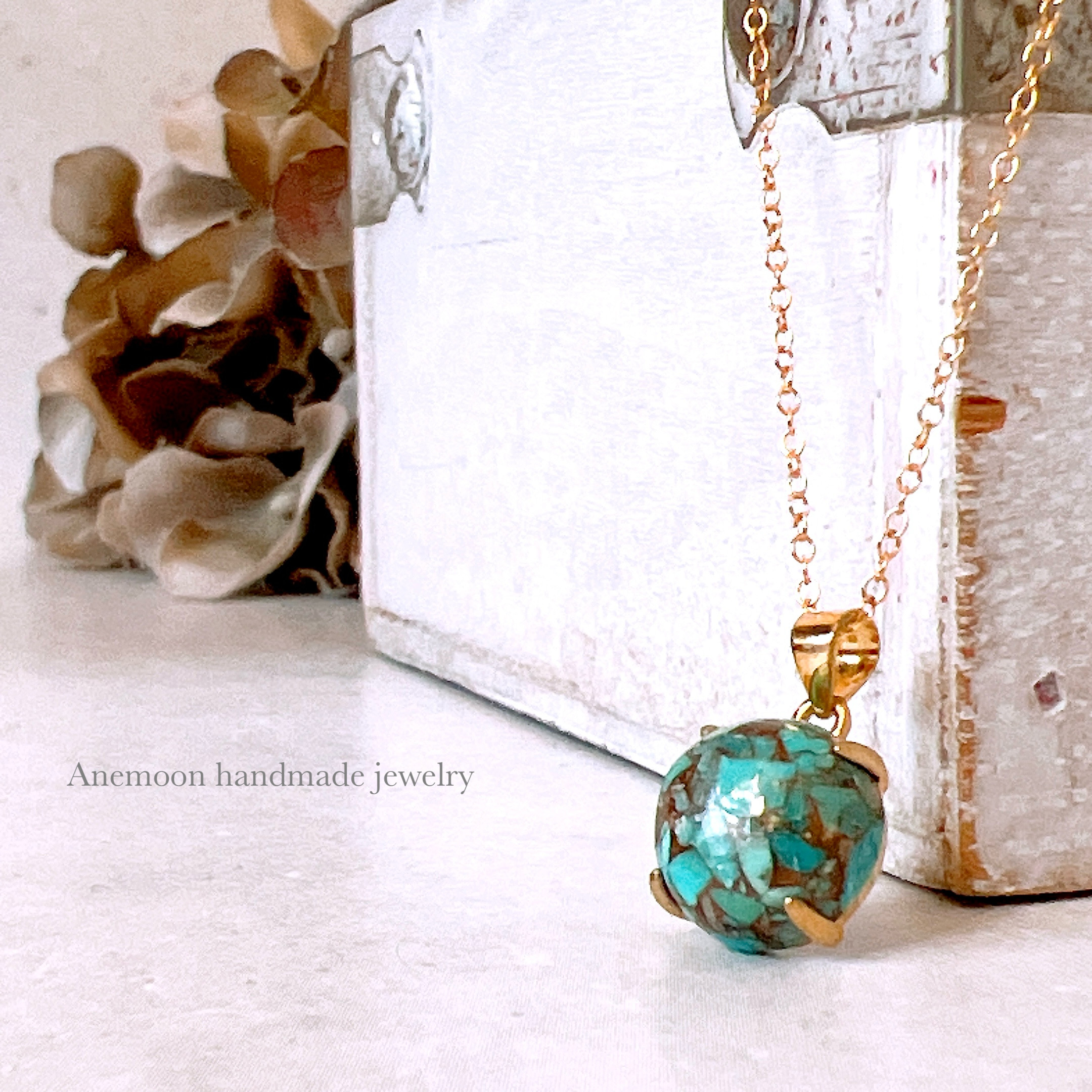 【鮮やかブルーが映える ブルーコッパーターコイズの天然石ネックレス】14kgf