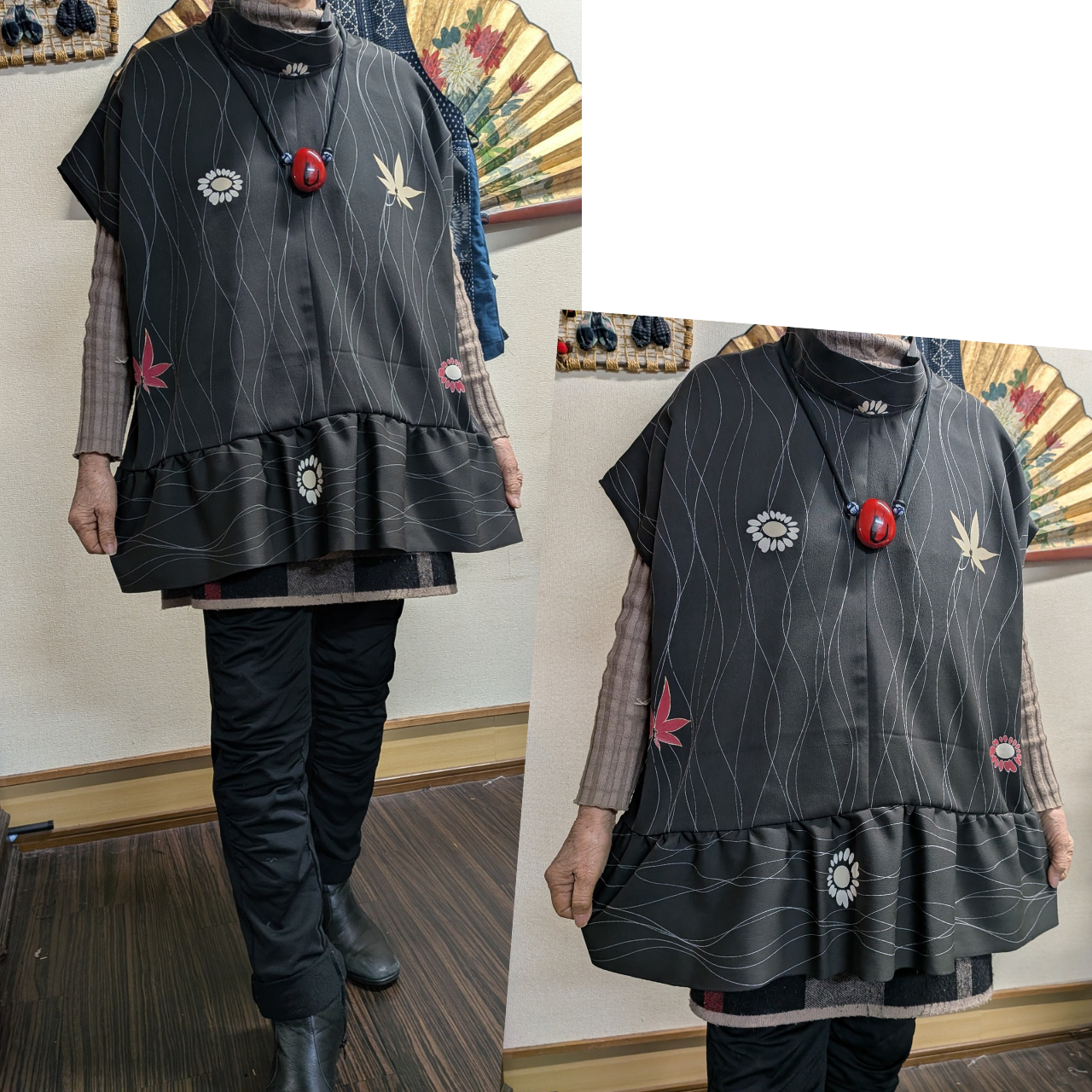 小紋の着物からのフリルトップス　　　着物リメイク