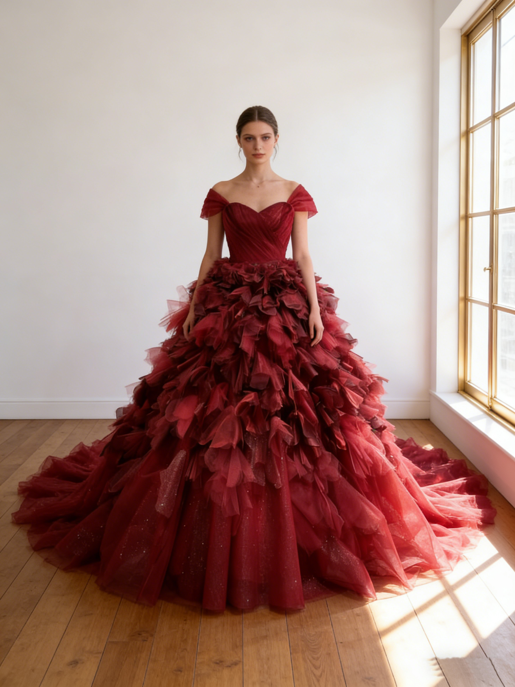 カラードレス  ボルドー色   オフショルダー  柔らかく重ねたチュールスカート  アシンメトリードレス 結婚式