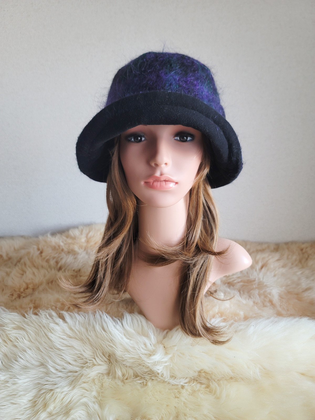 ★three. premium★上質シャギーモヘア★グリーン×パープルチェック柄★62㎝★