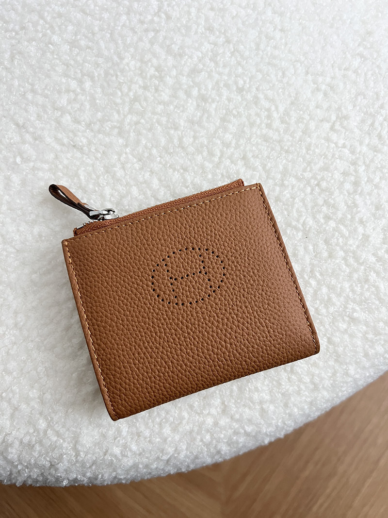 超薄型折りたたみショートワレット コンパクト持ち運び便利 本革ジッパーポーチ