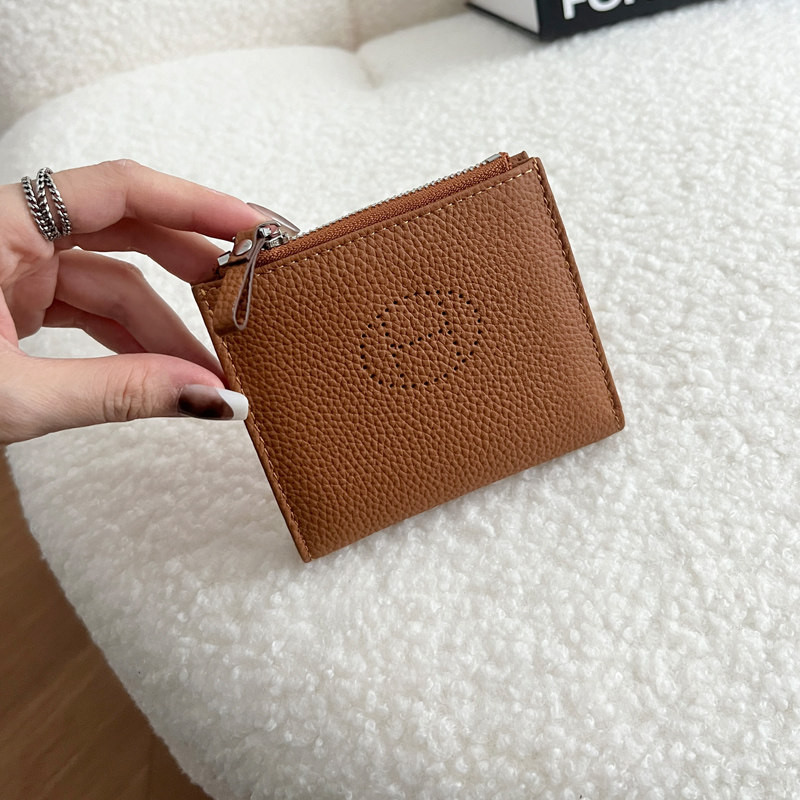 超薄型折りたたみショートワレット コンパクト持ち運び便利 本革ジッパーポーチ