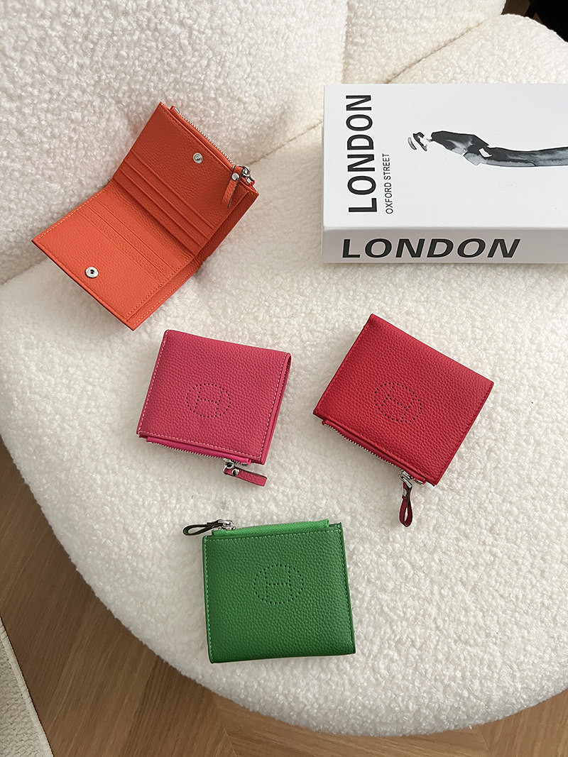超薄型折りたたみショートワレット コンパクト持ち運び便利 本革ジッパーポーチ