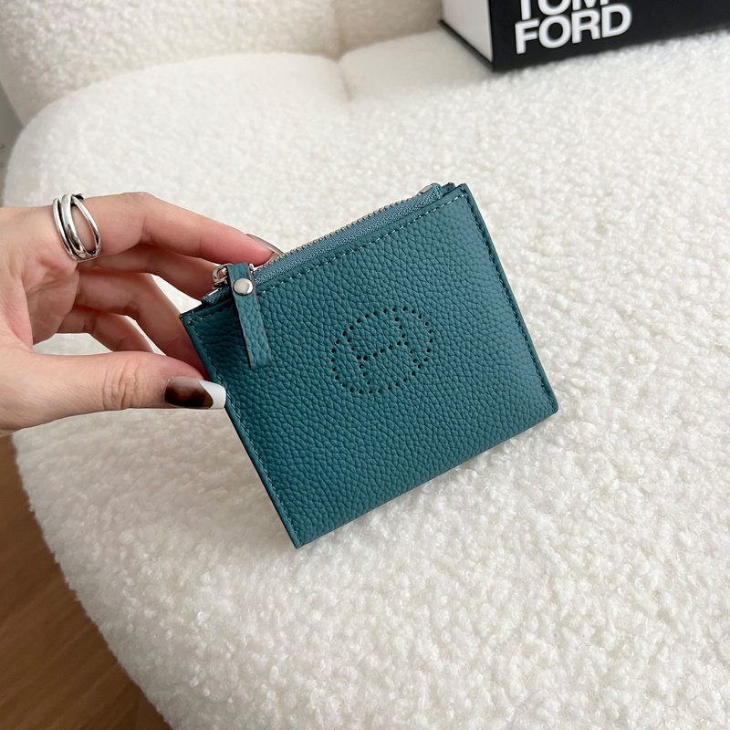 超薄型折りたたみショートワレット コンパクト持ち運び便利 本革ジッパーポーチ