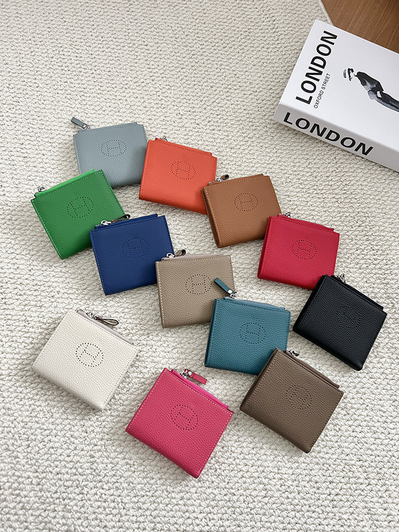 超薄型折りたたみショートワレット コンパクト持ち運び便利 本革ジッパーポーチ