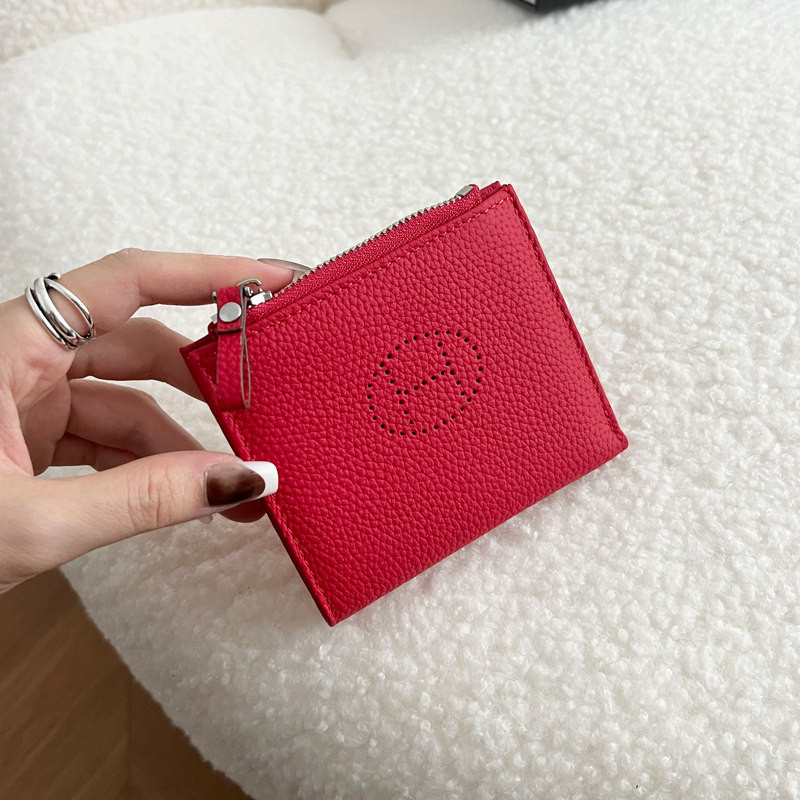 超薄型折りたたみショートワレット コンパクト持ち運び便利 本革ジッパーポーチ