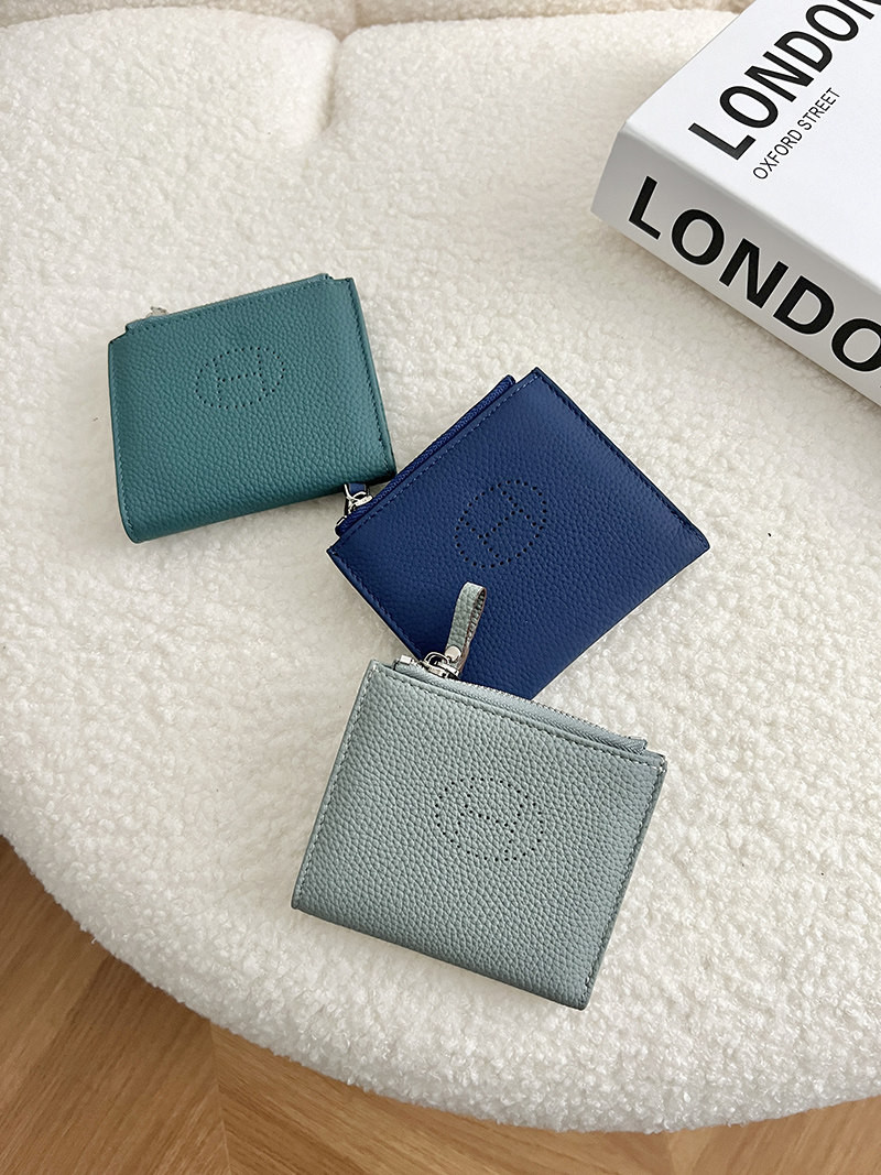 超薄型折りたたみショートワレット コンパクト持ち運び便利 本革ジッパーポーチ