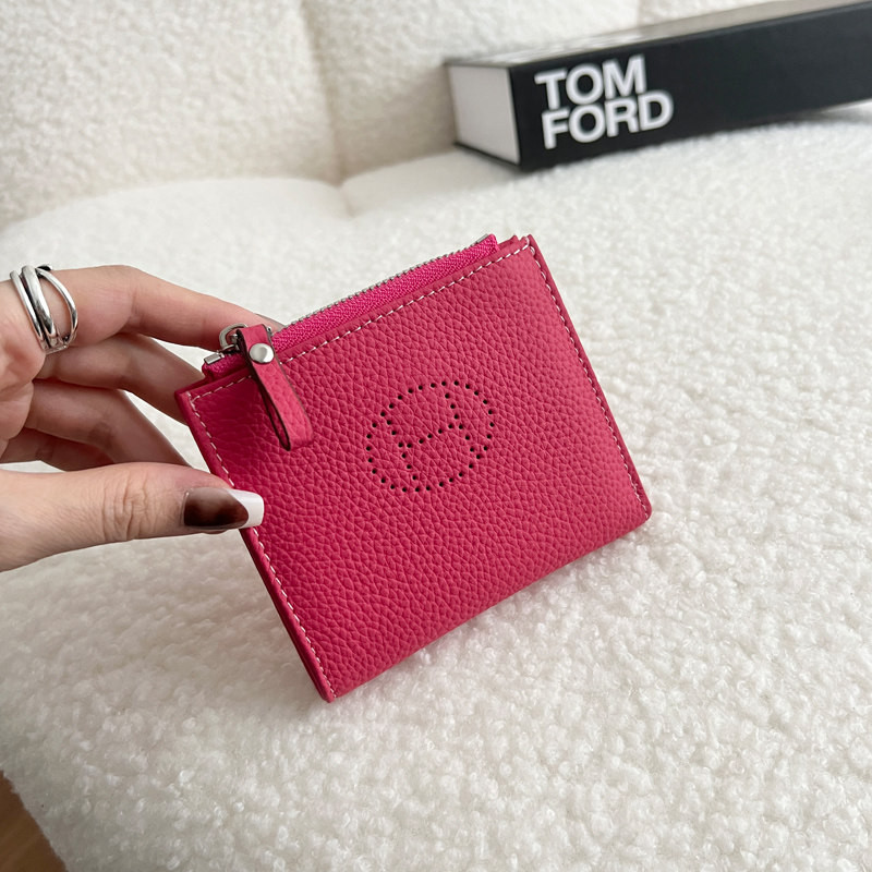 超薄型折りたたみショートワレット コンパクト持ち運び便利 本革ジッパーポーチ