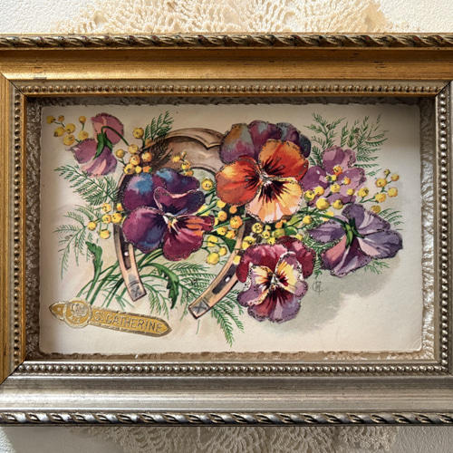 アンティークポストカード パンジーとミモザと馬蹄 グリッター額装