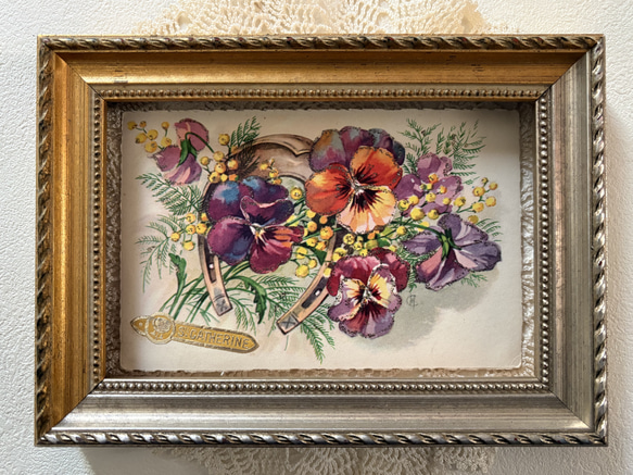 アンティークポストカード パンジーとミモザと馬蹄 グリッター額装