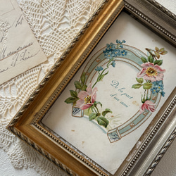 フランスアンティーク ポストカード 勿忘草 Bonne Annee エンボス 額装