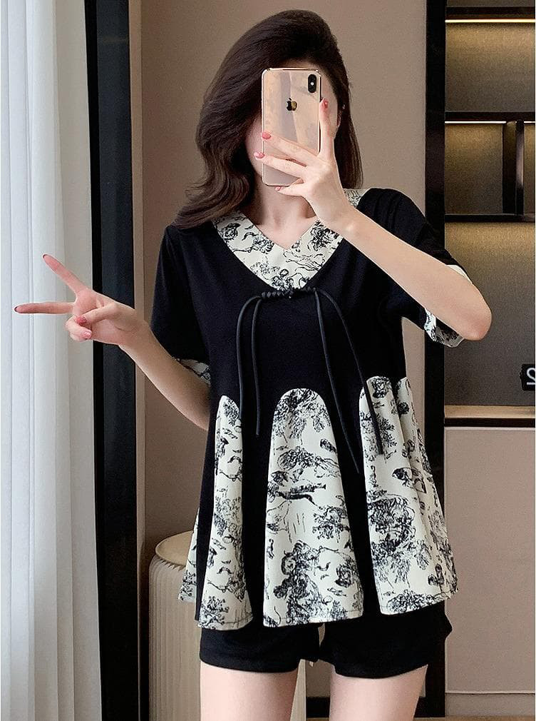 新品大きいサイズ柄物 半袖トップス ショートパンツ春夏セットアップ