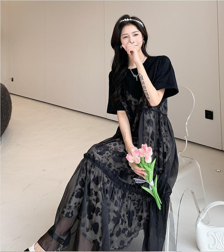 大きいサイズ レディース ロング　ワンピース　重ね着風　春夏 秋 新品 半袖