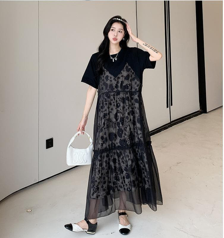 大きいサイズ レディース ロング　ワンピース　重ね着風　春夏 秋 新品 半袖