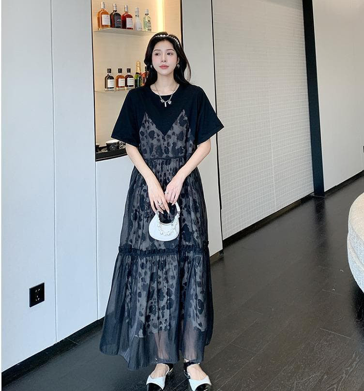 大きいサイズ レディース ロング　ワンピース　重ね着風　春夏 秋 新品 半袖