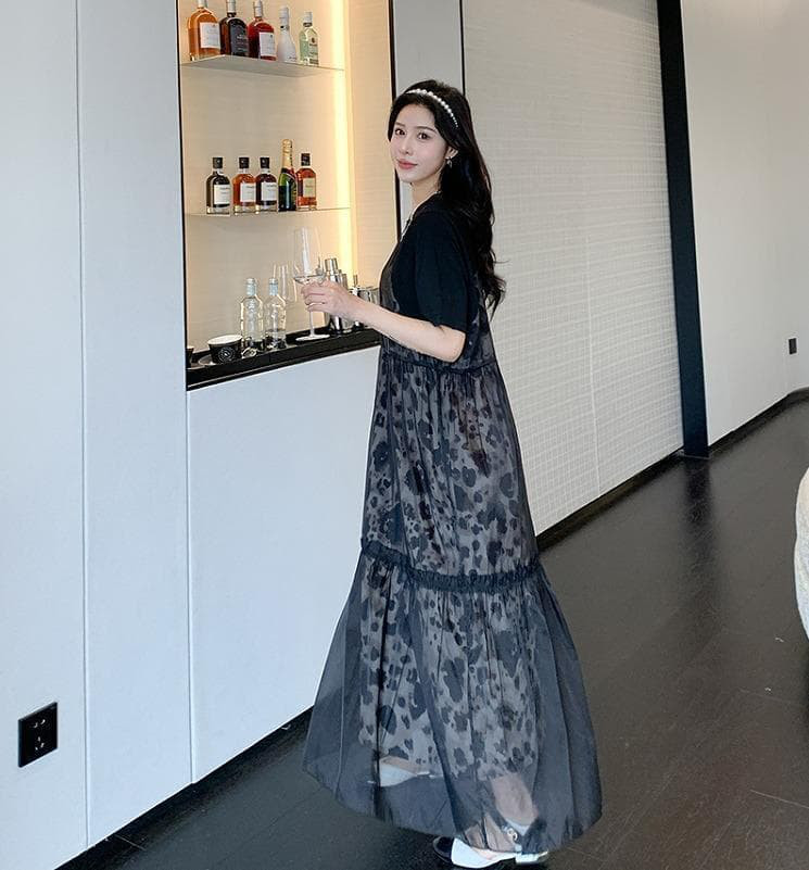 大きいサイズ レディース ロング　ワンピース　重ね着風　春夏 秋 新品 半袖