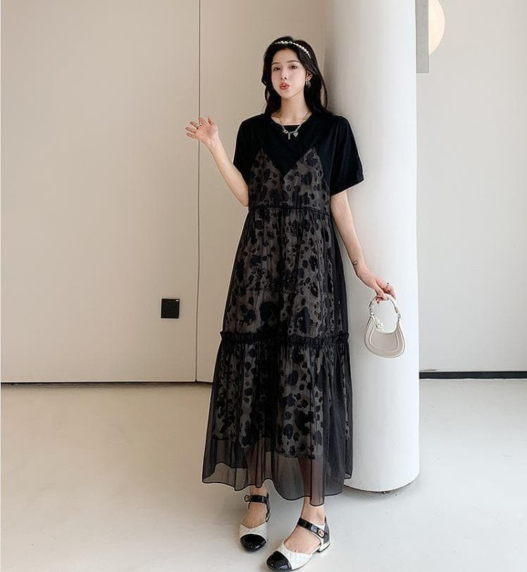 大きいサイズ レディース ロング　ワンピース　重ね着風　春夏 秋 新品 半袖