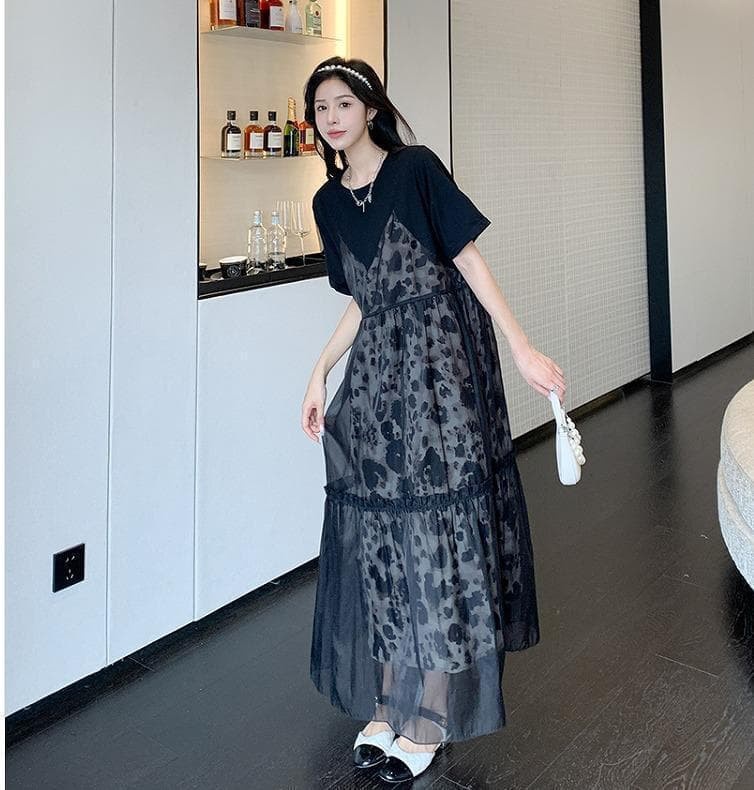 大きいサイズ レディース ロング　ワンピース　重ね着風　春夏 秋 新品 半袖