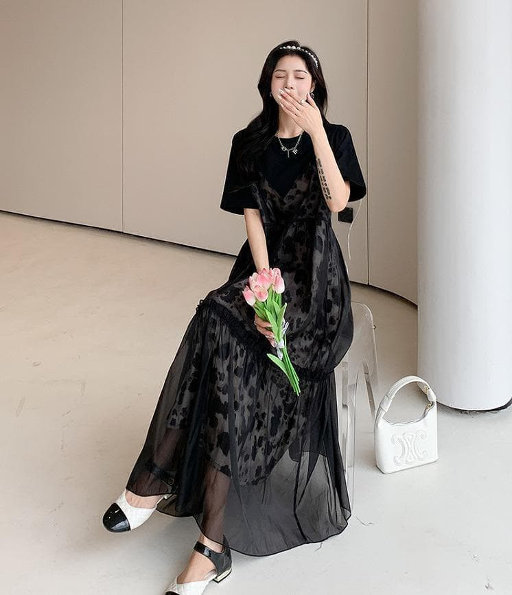 大きいサイズ レディース ロング　ワンピース　重ね着風　春夏 秋 新品 半袖