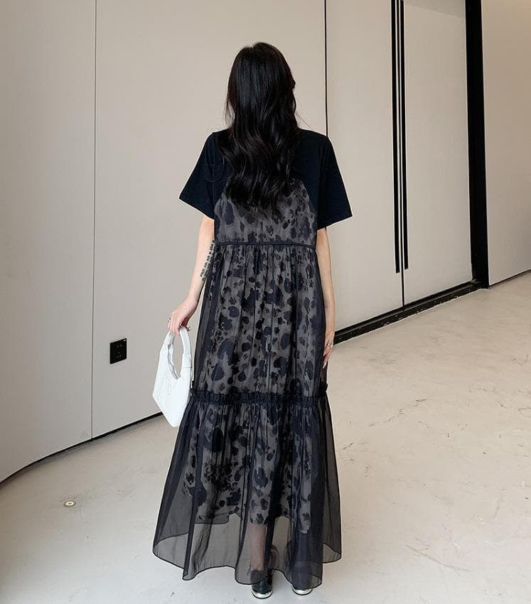 大きいサイズ レディース ロング　ワンピース　重ね着風　春夏 秋 新品 半袖