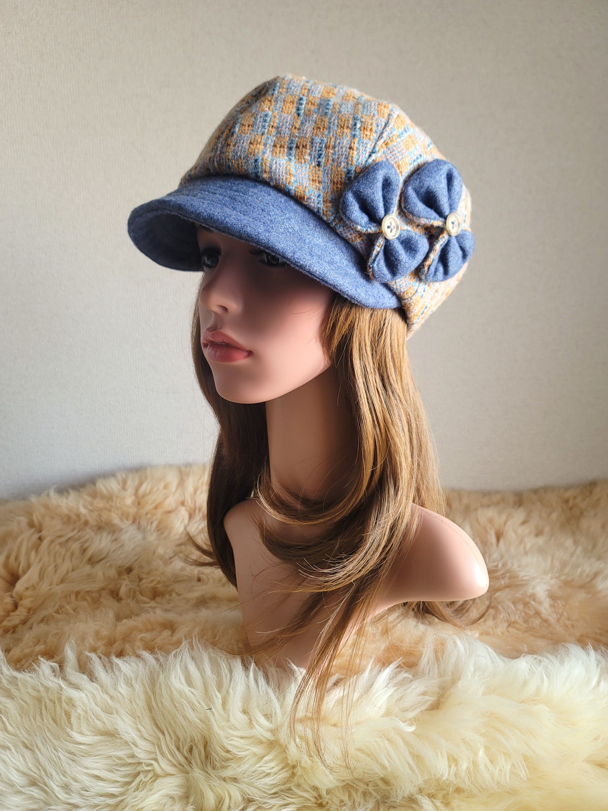 オレンジ×水色ミックスツイード★蝶が舞う★バタフライ リボン キャスケット★約60㎝