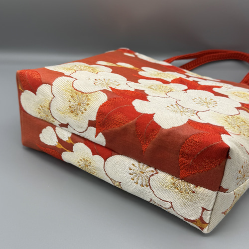 着物 帯 リメイク ハンドメイド トートバッグ 赤 梅 帯締め トート