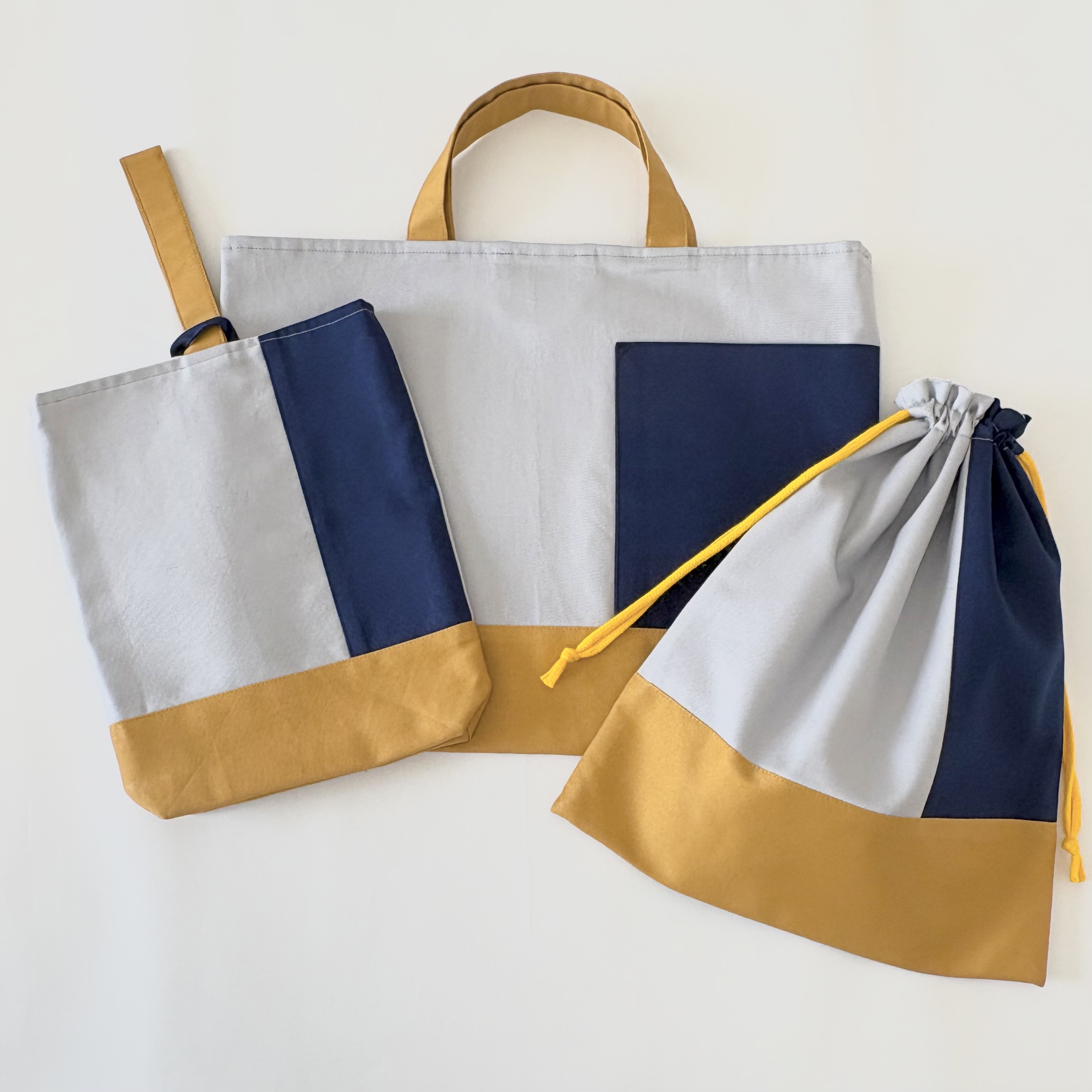 マスタードイエロー カラーブロック 3点セット レッスンバッグ上履き袋 巾着袋 サイズ変更 サイズオーダー 入園入学