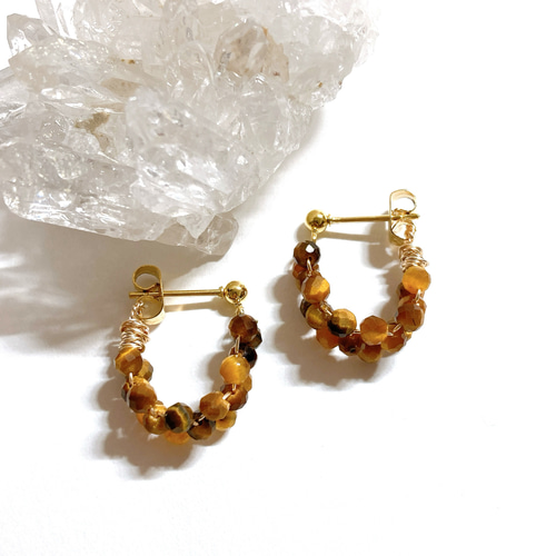 ✴︎新色✴︎天然石タイガーアイ編み込みミニフープピアス［サージカル