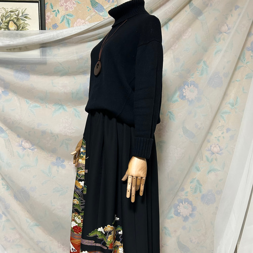 黒留袖 裏地付きギャザースカート 着物リメイク ハンドメイド フレア