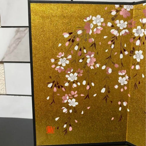 桜金屏風 高さ15センチ 雛祭り お雛様小物 金紙屏風 蒔絵 日本製
