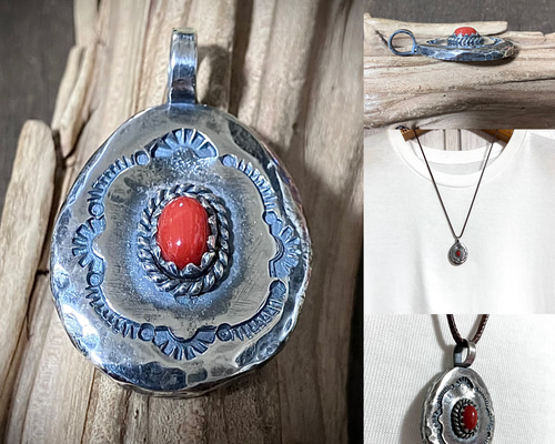 レッドコーラル 赤珊瑚 シルバー メタル タタキ ネックレス ペンダント