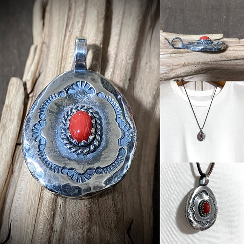 レッドコーラル 赤珊瑚 シルバー メタル タタキ ネックレス ペンダント