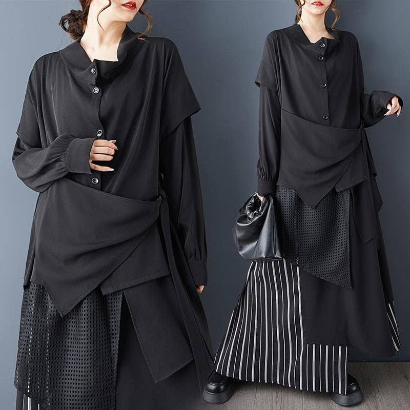 新品 大きいサイズ ゆったり モード セットアップ シャツ スカート 黒 秋冬