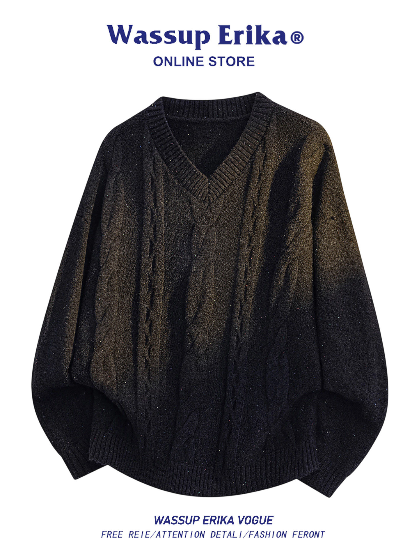 WASSUP ERIKA 韩国風麻花Vネックニットセーター メンズ&レディース 秋冬 ロージィー ベーシック ゆったり