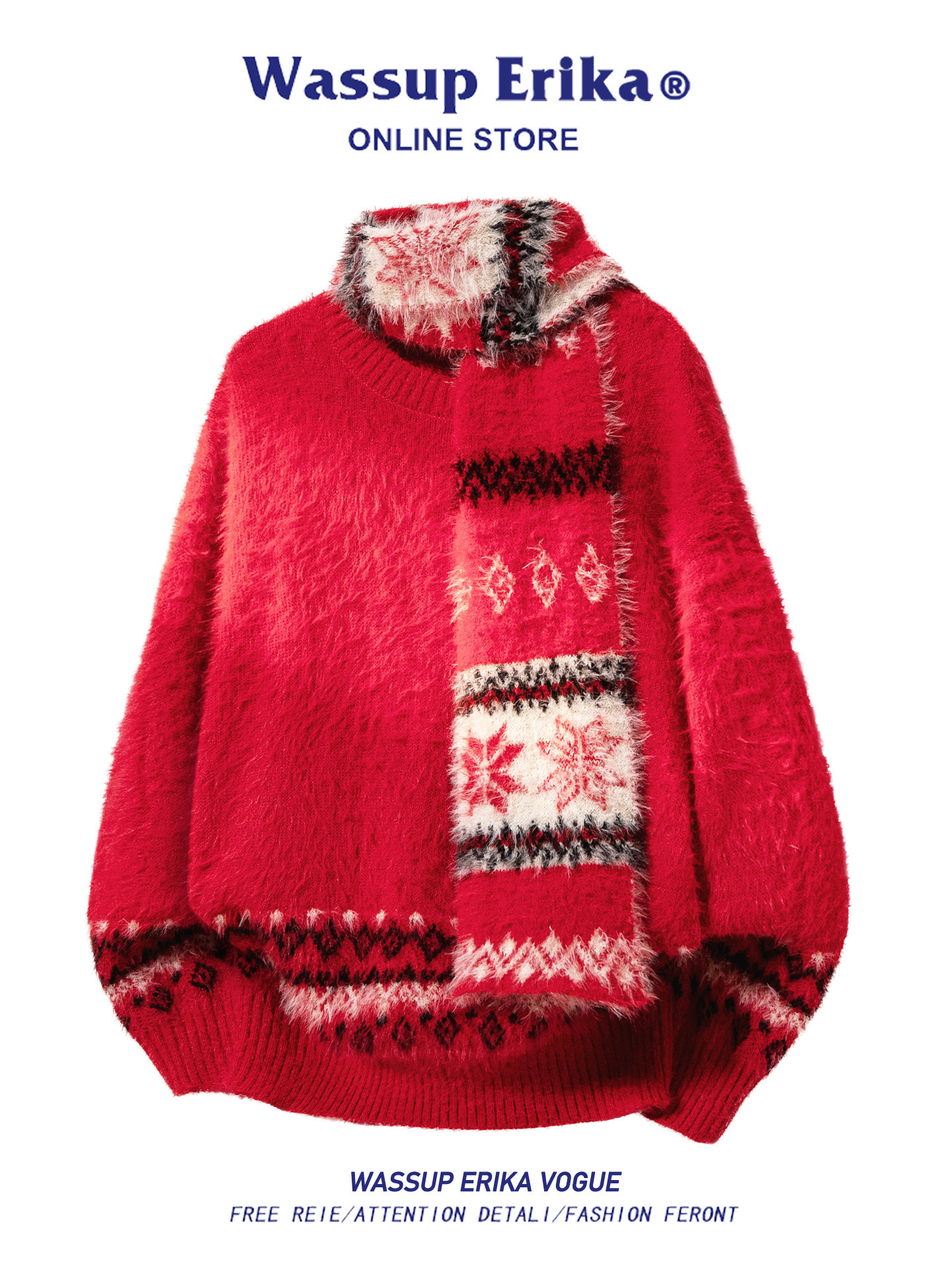 WASSUP ERIKA雰囲気が絶妙で素敵な赤セーター冬の男女カップルのけだるい風ニット