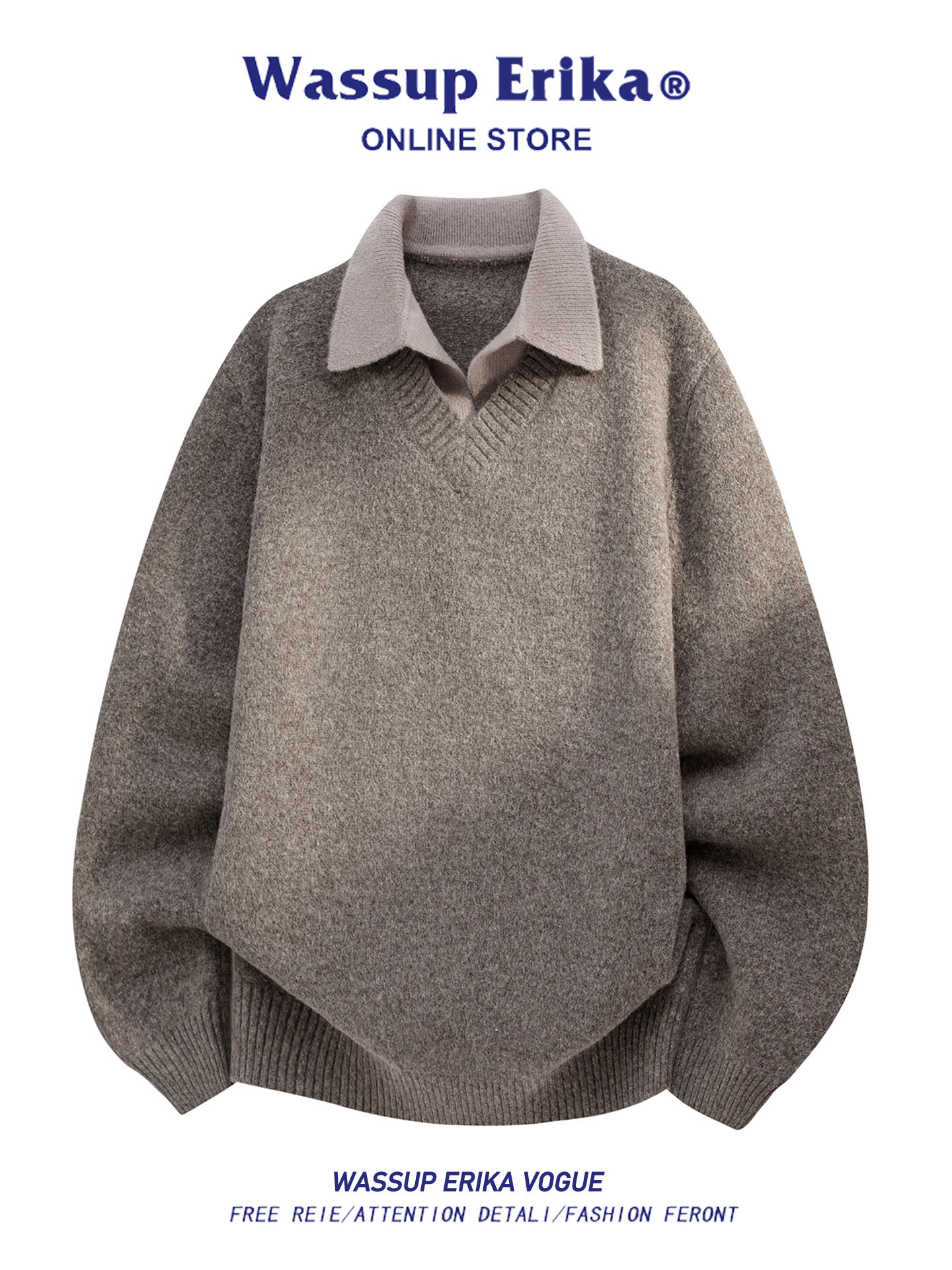 WASSUP ERIKAレトロ日系フェイク2枚ポロネックセーター男秋冬のけだるい風ニットトップス 5,840円