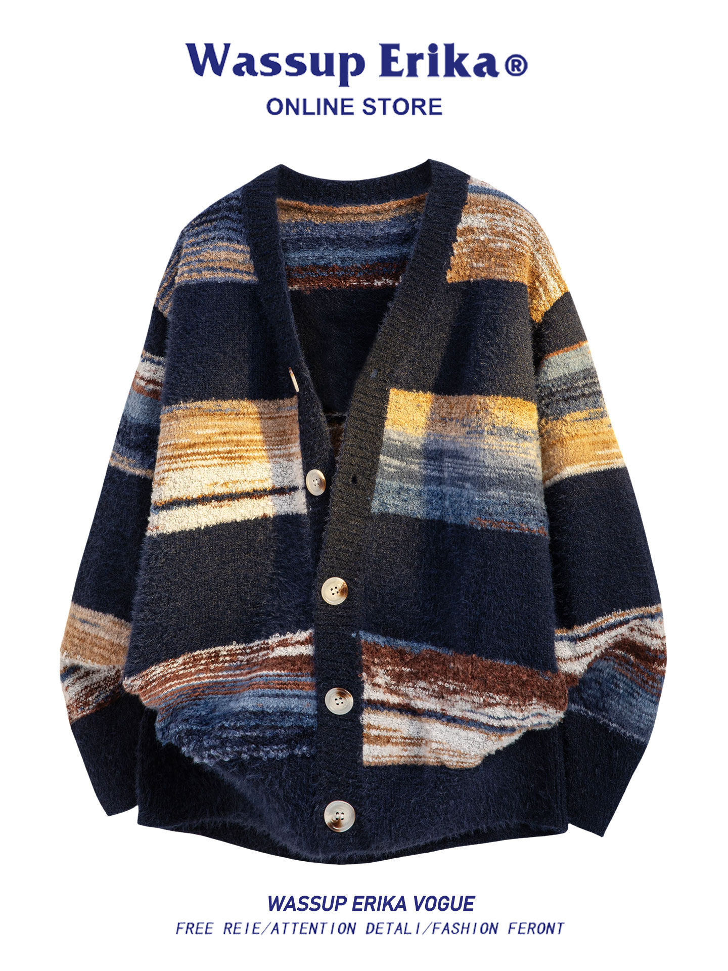 WASSUP ERIKA秋冬カラーセーターアメリカンレトロカップルメンズニットゆったりけだるい風コート