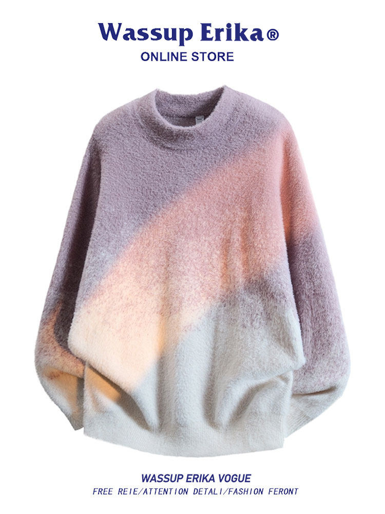 WASSUP ERIKAアメリカングラデーションゆったりセーター男秋冬トレンドブランド保温だるい風丸首ニット