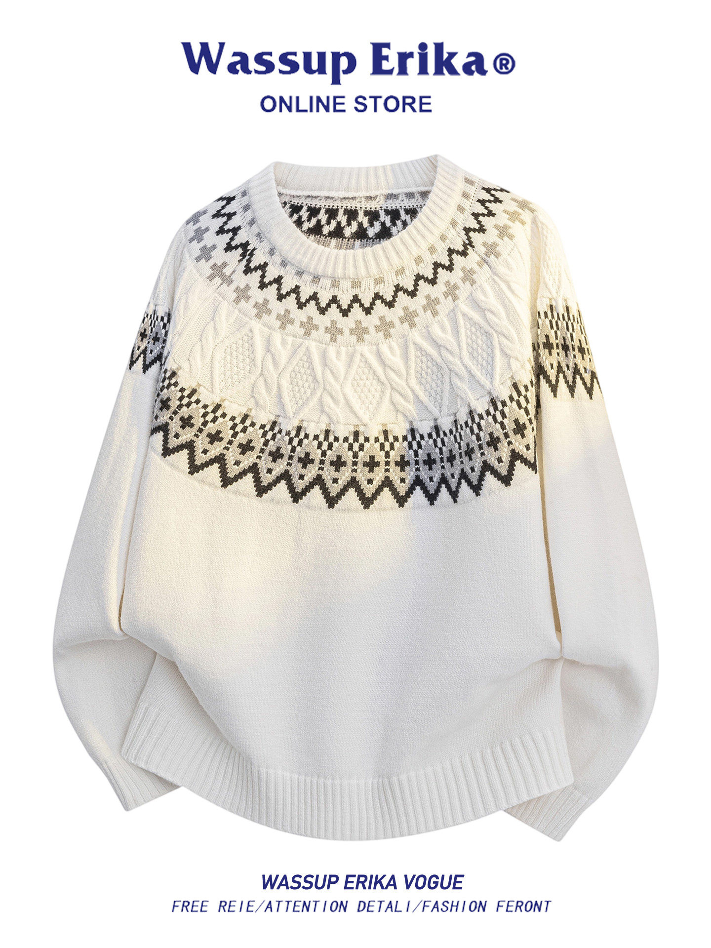 WASSUP ERIKAフィラ島ジャカードヘッダーセーター男女秋冬ゆったりけだるい風クルーネックニット