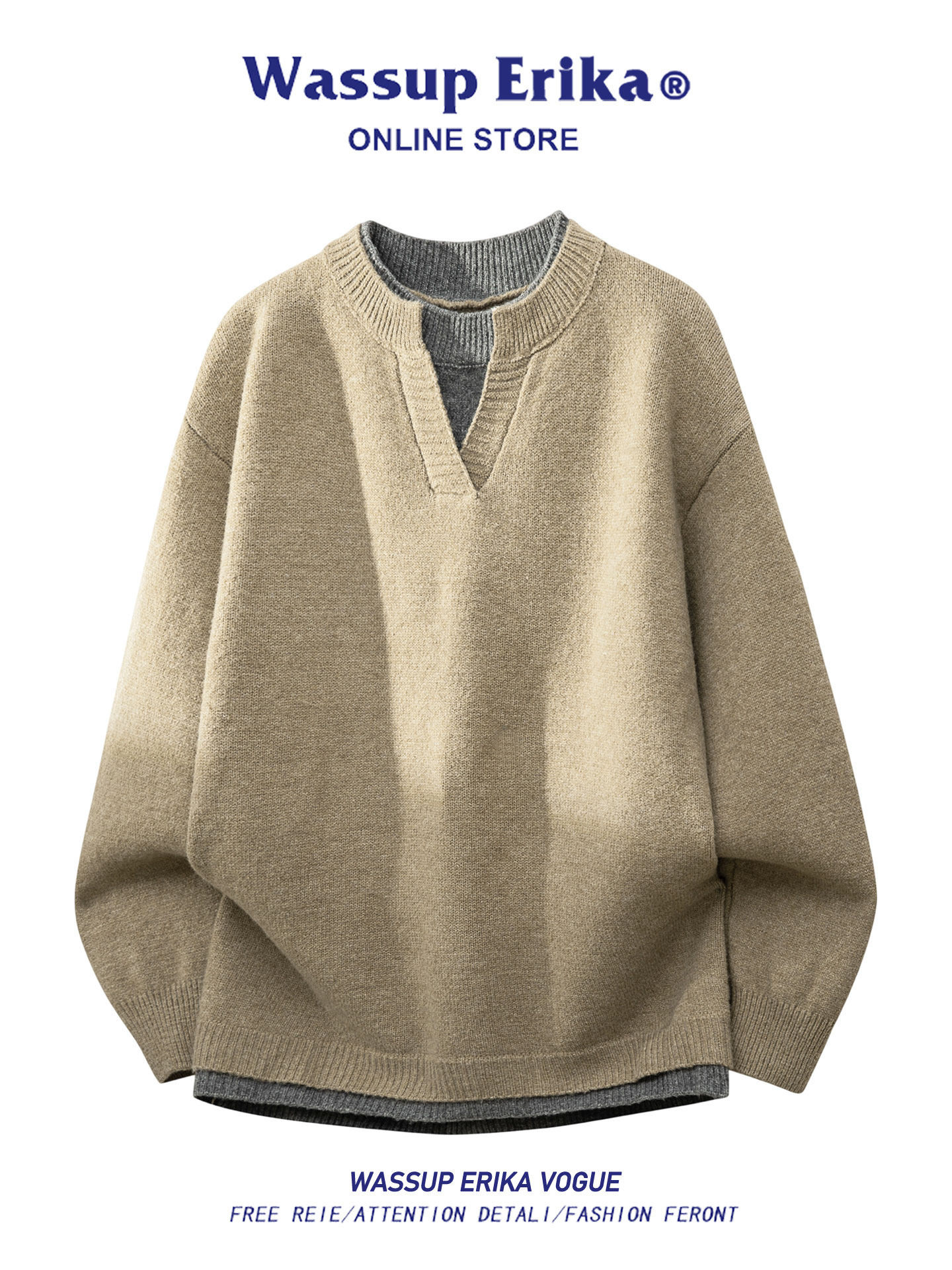 WASSUP ERIKAだるい風Vネックフェイクセーター2枚男2026秋冬新作ニットコート