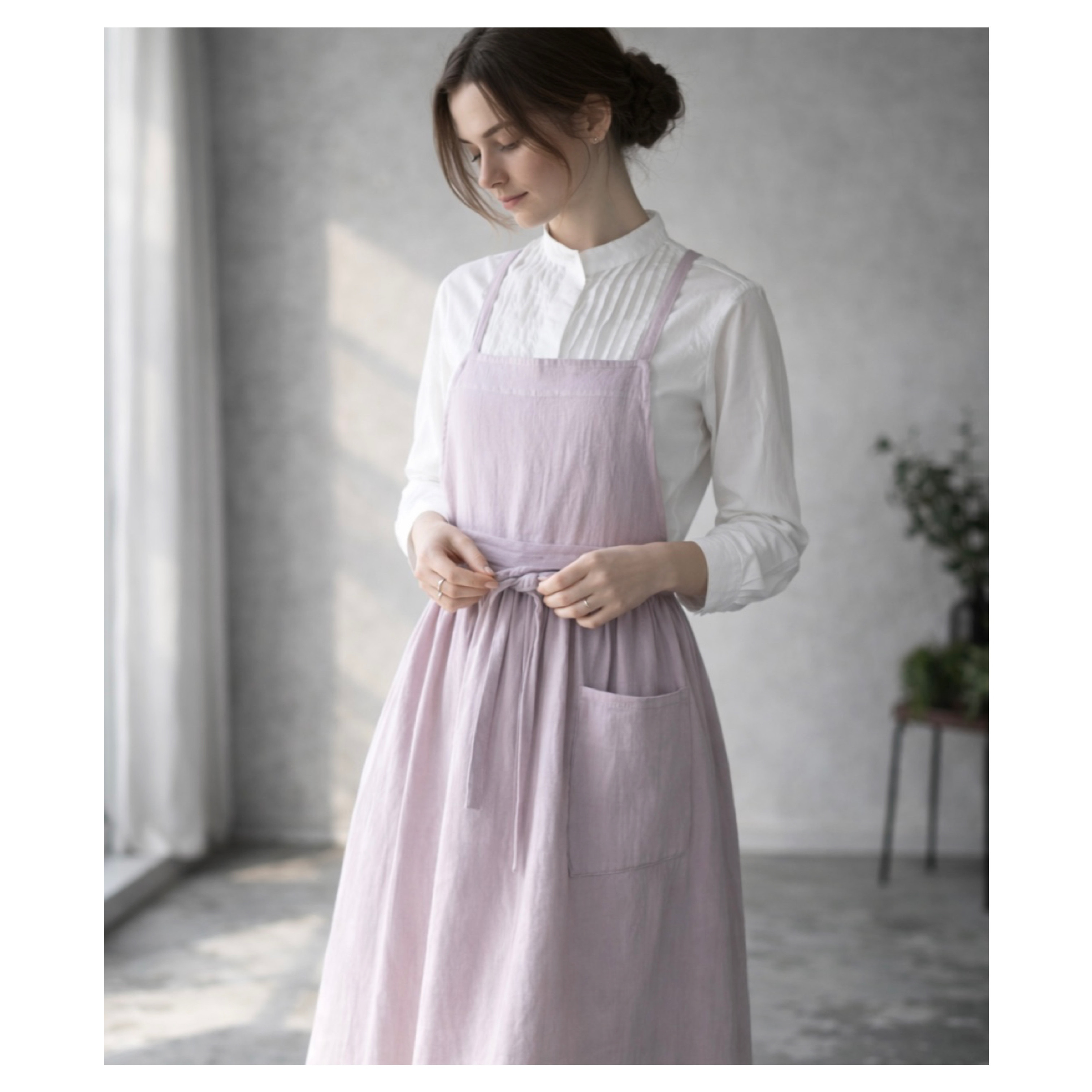 ふっくら厚さ2倍のとろみダブルガーゼのギャザーたっぷりエプロン／お出かけダブルガーゼエプロンワンピース／ドーンピンク