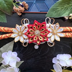 つまみ細工髪飾りセット 帯び飾り 帯留め 根付け 銀ビラ 成人式 卒業式