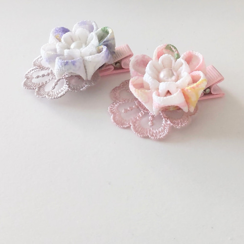 つまみ細工 髪飾り レース＊お食い初め/七五三/ひな祭り＊着物 和装