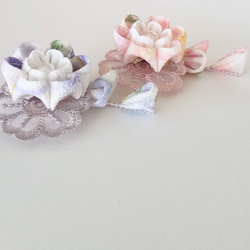 つまみ細工 髪飾り レース＊お食い初め/七五三/ひな祭り＊着物 和装