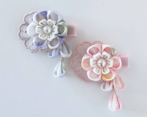 ベビーヘアクリップ 和柄 七五三 浴衣 ちりめん細工 キッズ 浴衣 ベビー 和 つまみ細工 2点セット つや玉 一越ちりめん