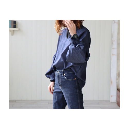 岡山県児島デニムギャザーバルーンスリーブデザインブラウス／8オンス