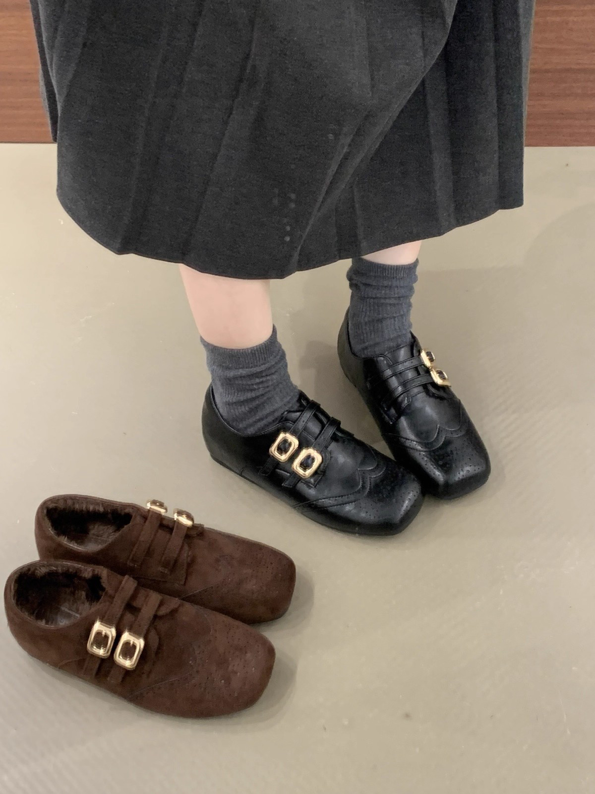 レトロ彫刻柄 ブリティッシュスタイル バックル 裏起毛 スリッポンローファー22.5-25cm#1288